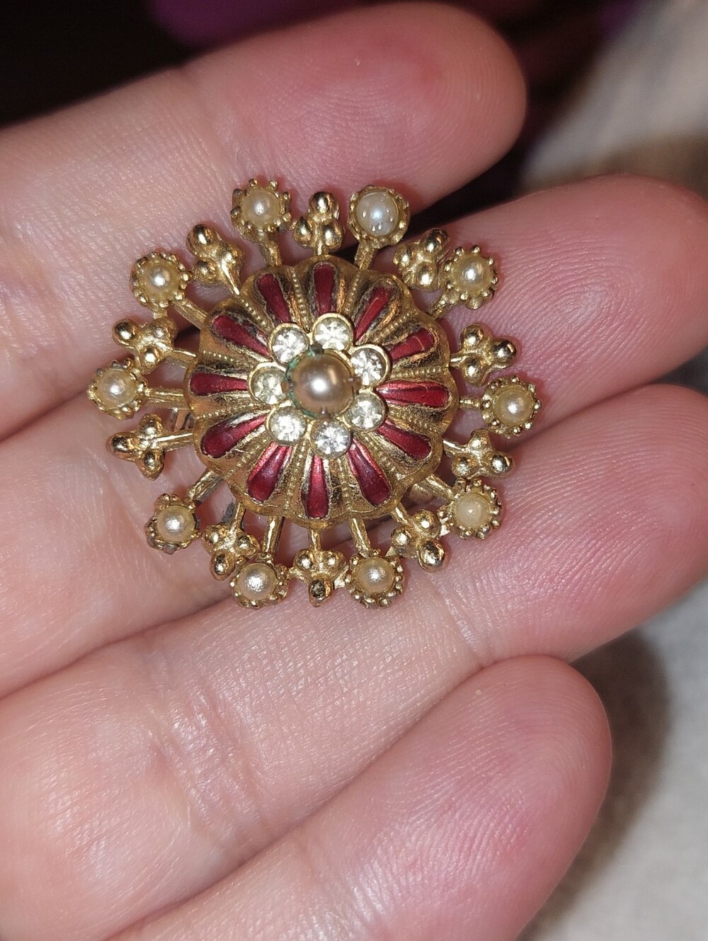 Coro Gold-Tone Red Enamel and Pearl Floral Brooch